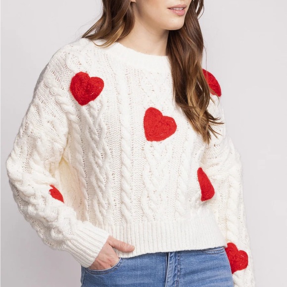 NWT Delaney Red Hearts Chunky White Sweater - Picture 2 of 4